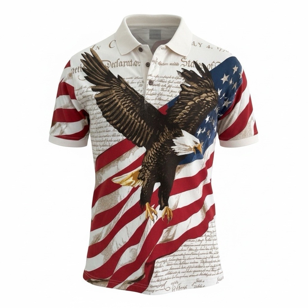 Cotton Traders Men's Large Patriotic Flag Cotton Polo American Eagle Shirt